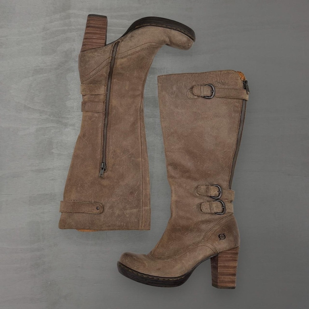 Born Tall Leather Boots Brown Distressed Buckle Block Heel 6.5